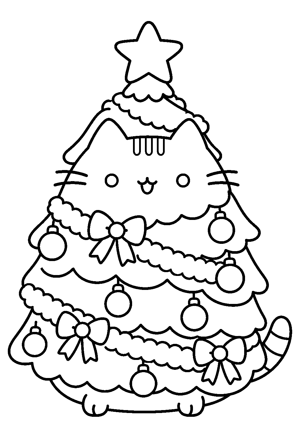 pusheen dressed as a decorated christmas tree with a star on top line art