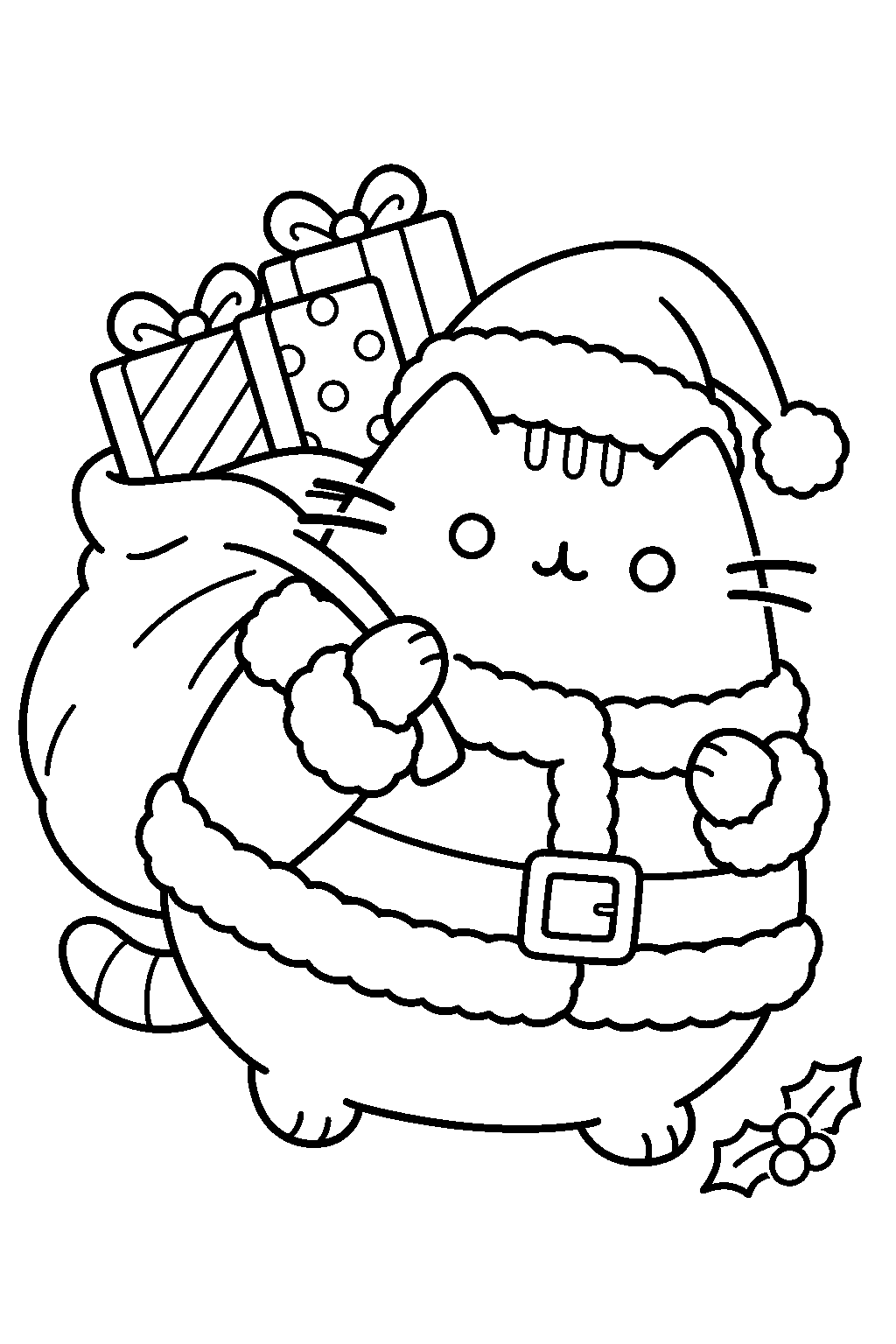 pusheen dressed as santa claus carrying a sack of christmas presents line art