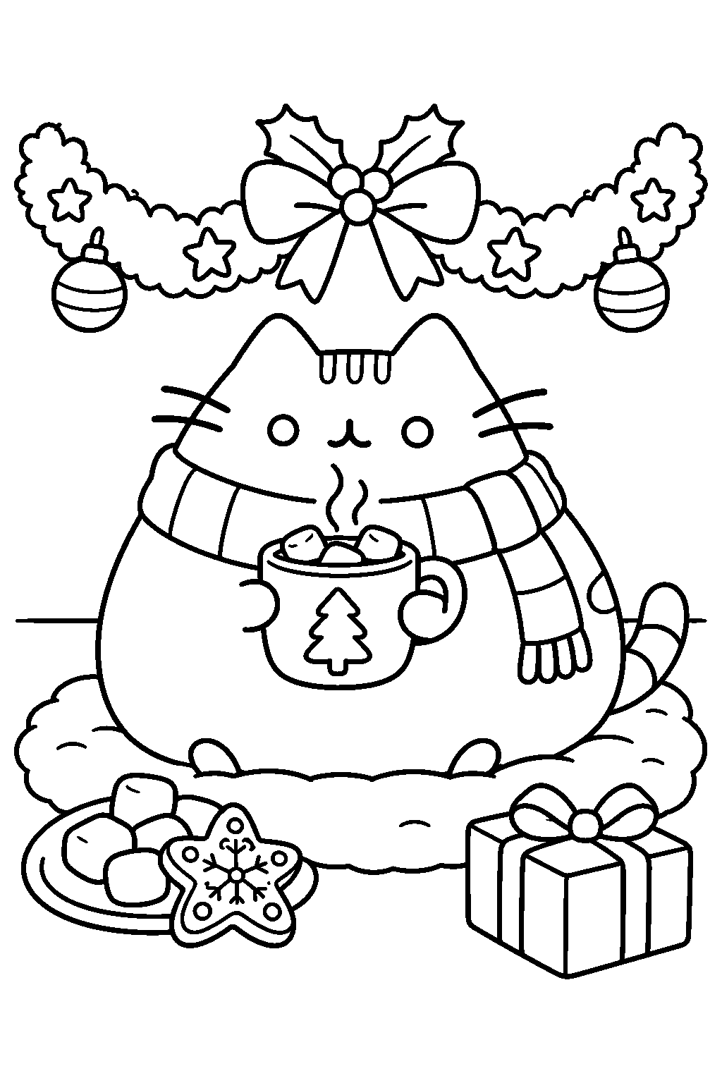 pusheen drinking hot chocolate with marshmallows beside christmas garland line art