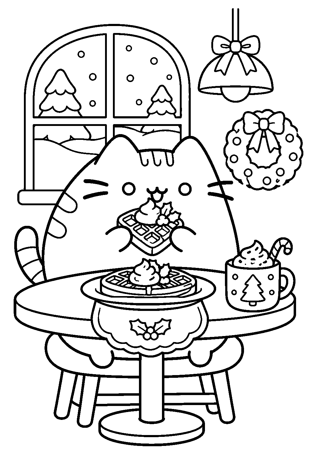 pusheen eating a festive waffle in a christmas cafe line art