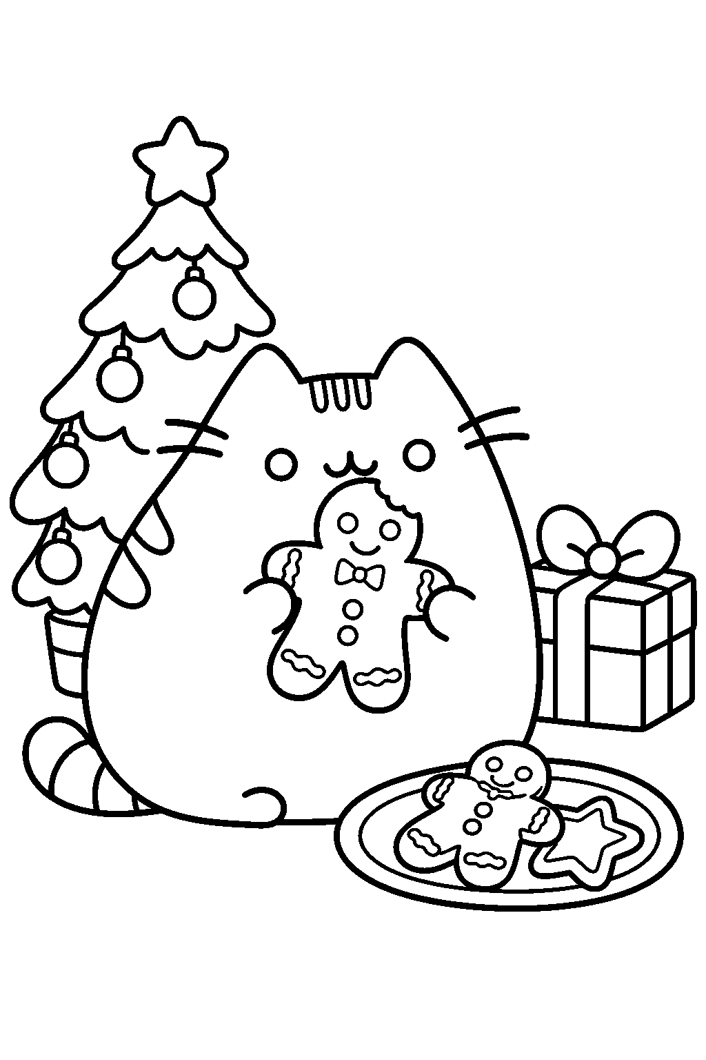 pusheen eating a gingerbread man cookie at christmas line art
