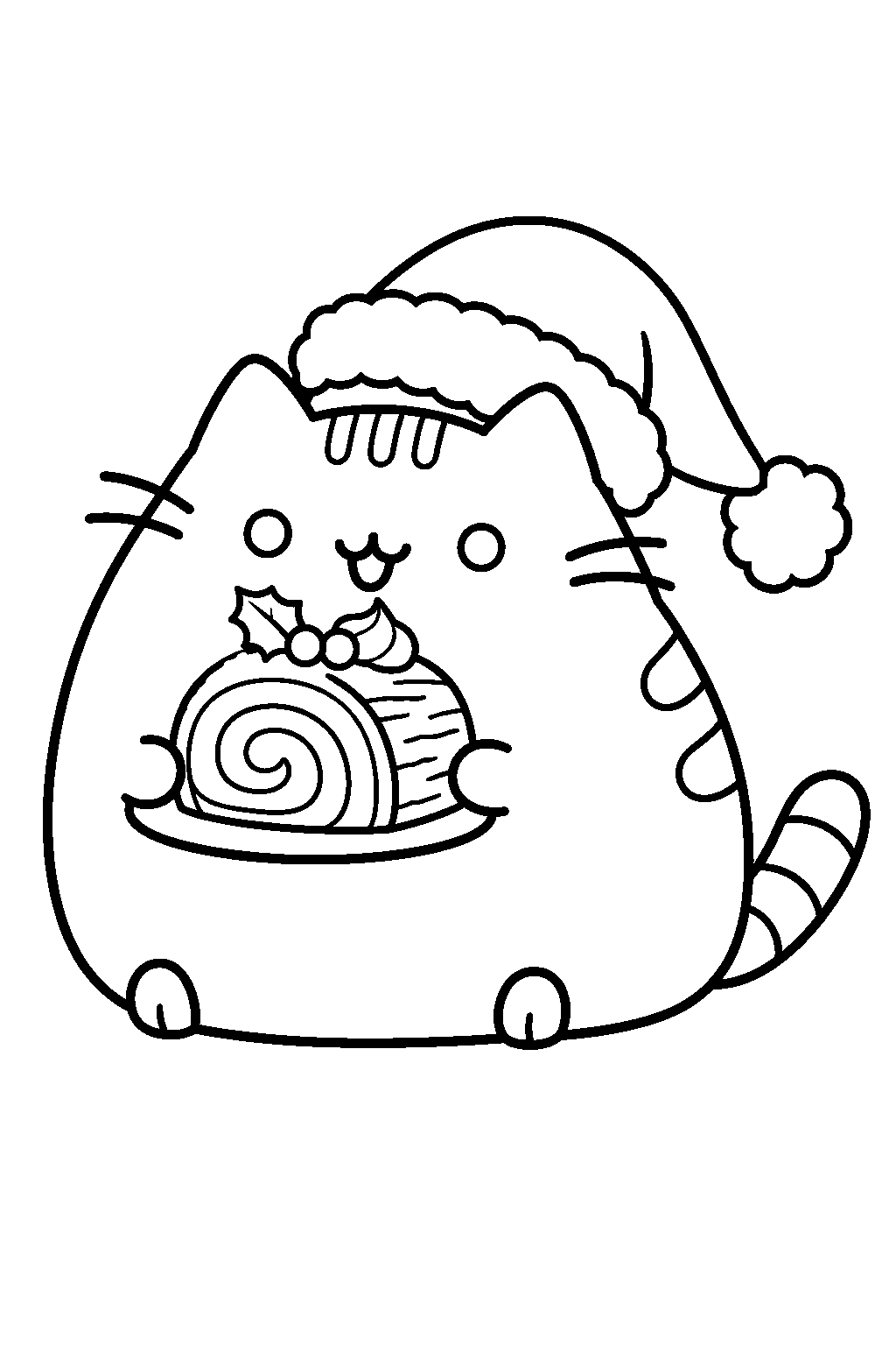pusheen eating a slice of christmas yule log cake line art