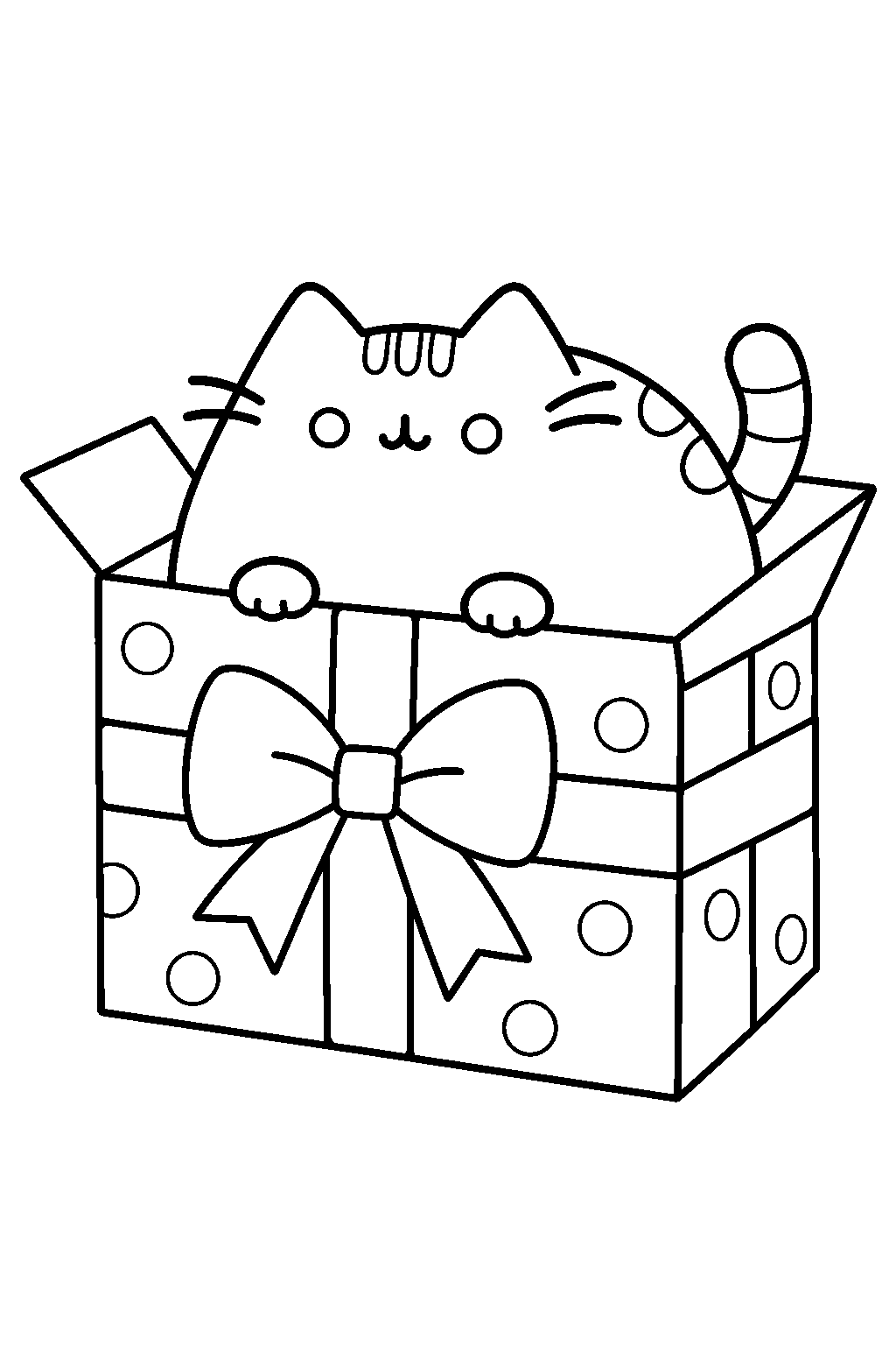 pusheen hiding inside an open christmas gift box with a ribbon line art