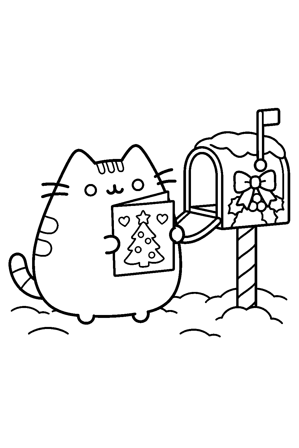pusheen holding a christmas greeting card beside a decorated mailbox line art