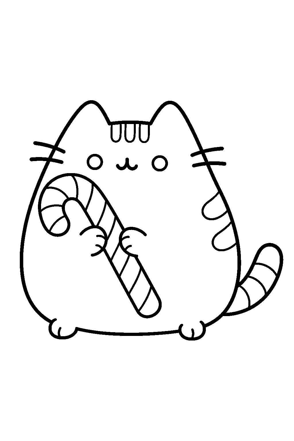 pusheen holding a striped christmas candy cane line art