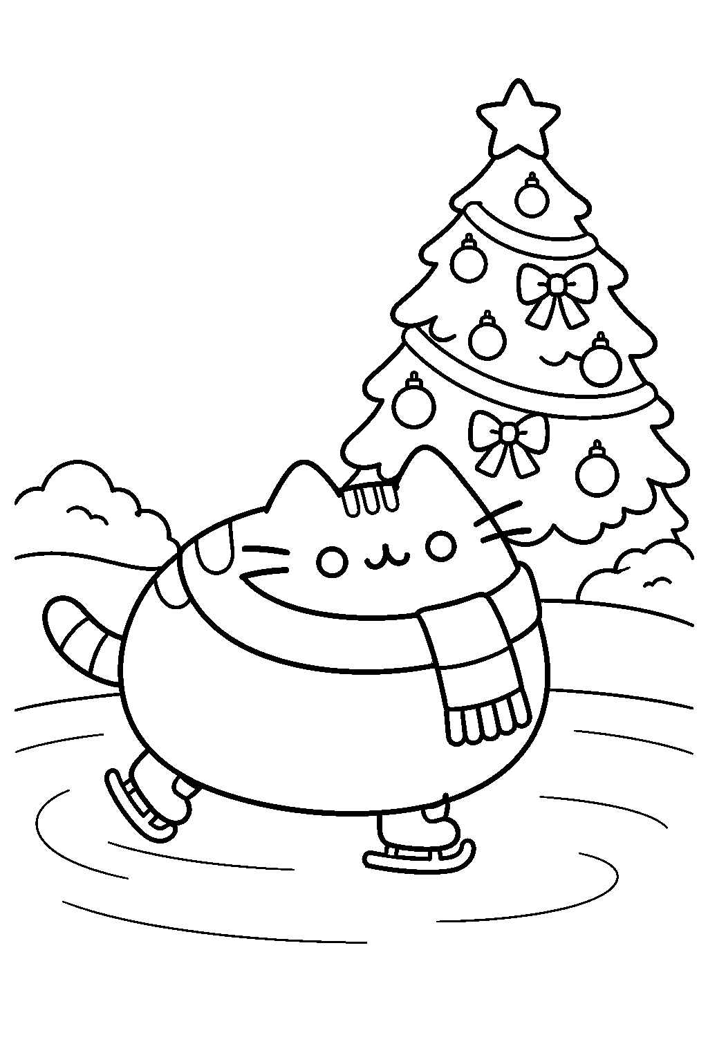 pusheen ice skating beside an outdoor christmas tree line art