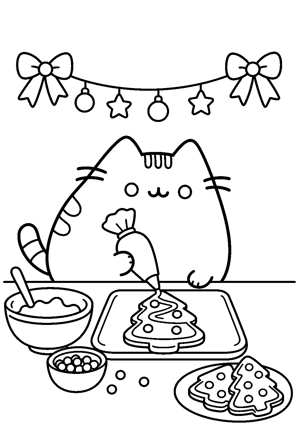 pusheen icing a christmas tree cookie at a bakery counter line art
