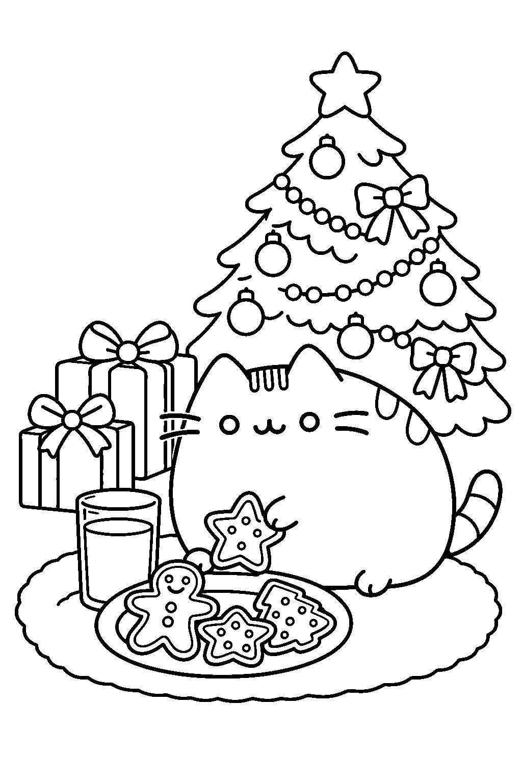 pusheen leaving cookies and milk for santa beside the christmas tree line art