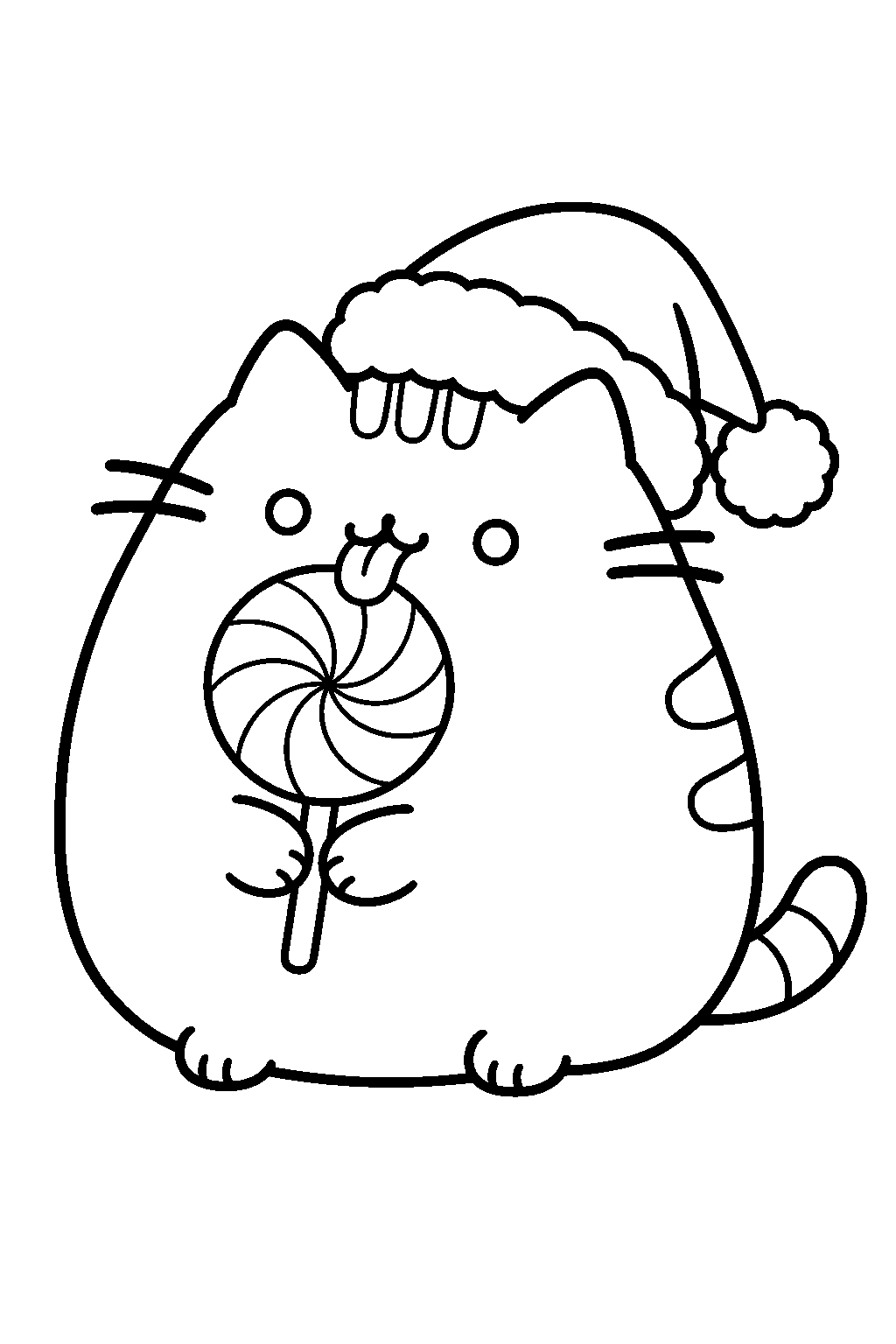 pusheen licking a peppermint christmas lollipop line art