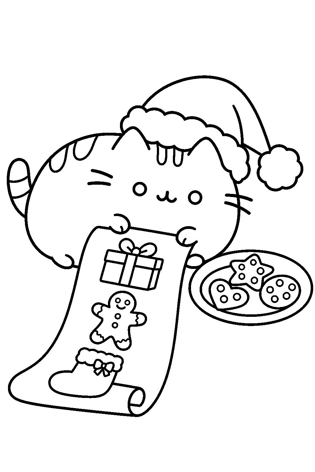 pusheen looking at a christmas wish list beside a santa hat line art