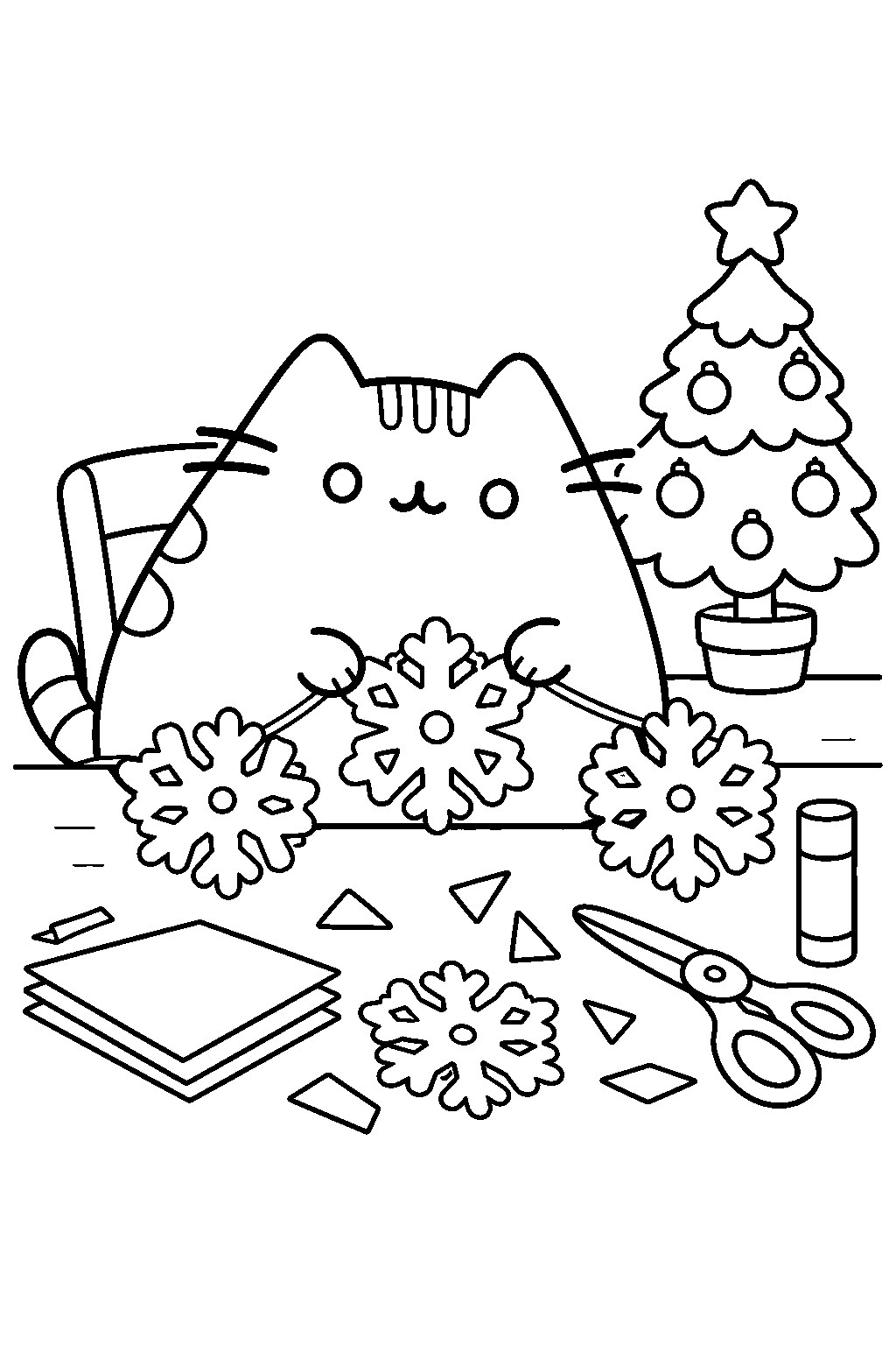 pusheen making a paper snowflake garland at a christmas craft table line art