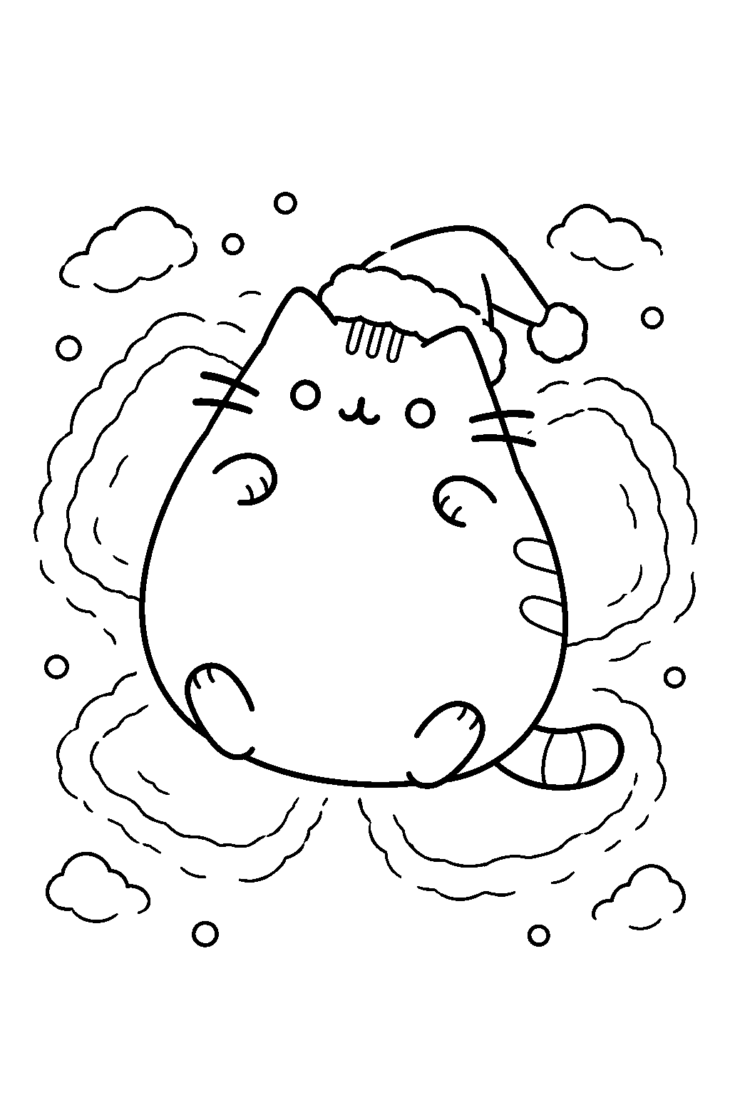 pusheen making a snow angel while wearing a santa hat line art
