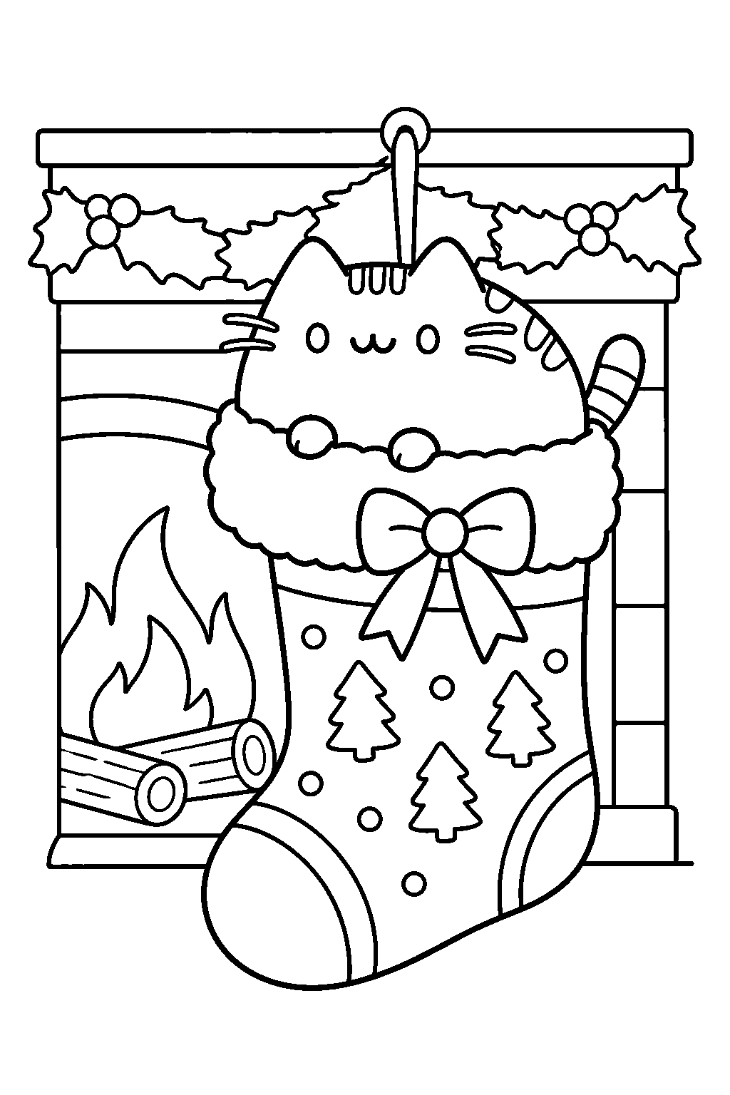 pusheen peeking out of a christmas stocking beside a fireplace line art