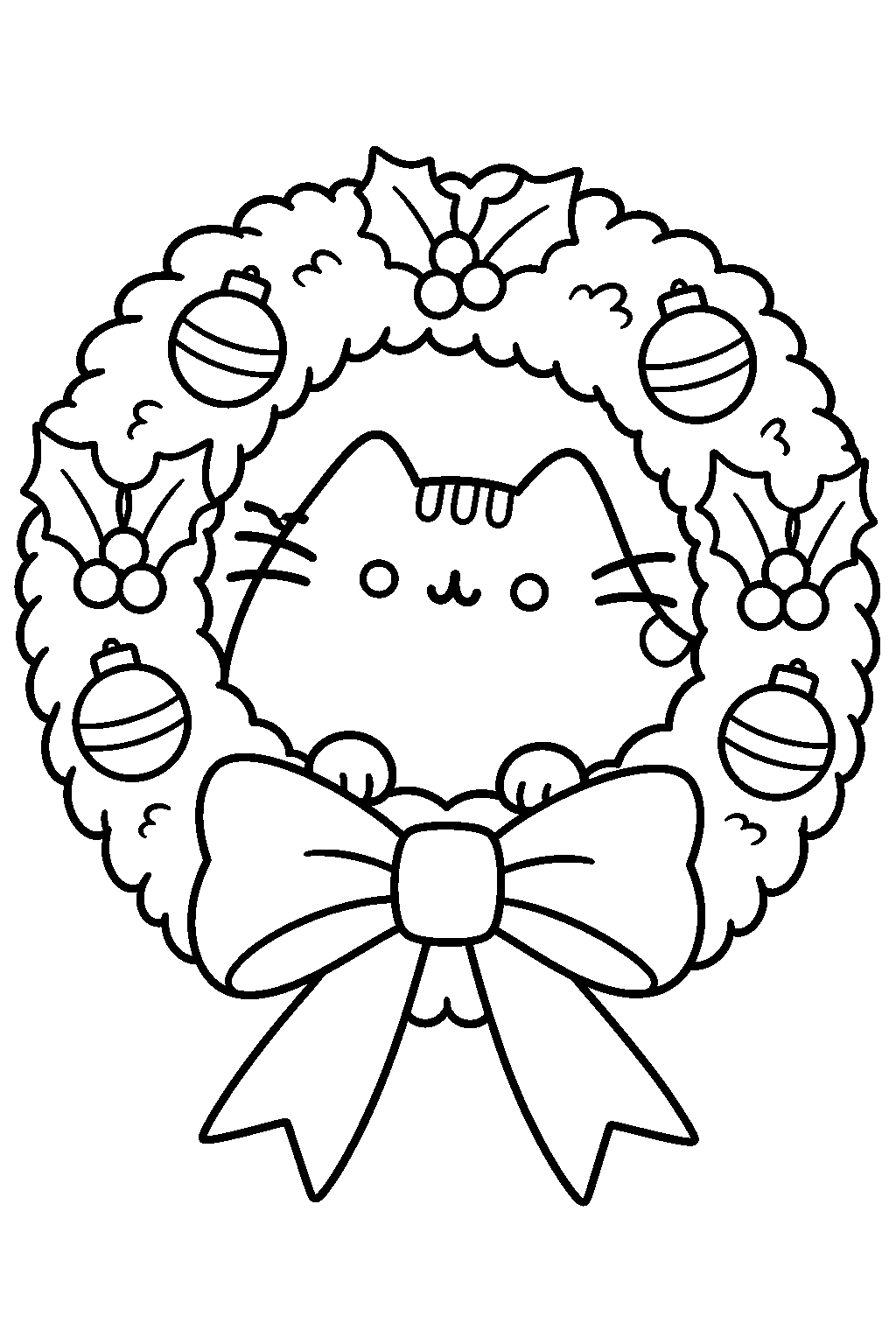 pusheen peeking through a christmas wreath with a large bow line art
