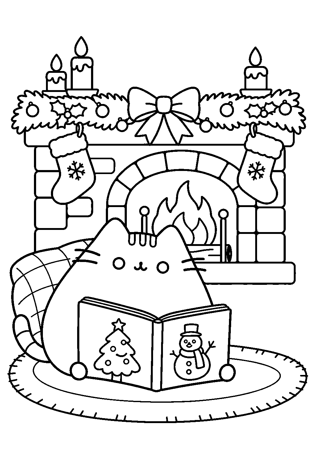 pusheen reading a christmas storybook beside a decorated fireplace line art