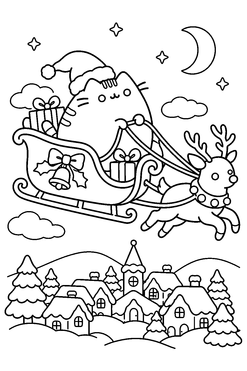 pusheen riding in santa s sleigh above a snowy christmas village line art