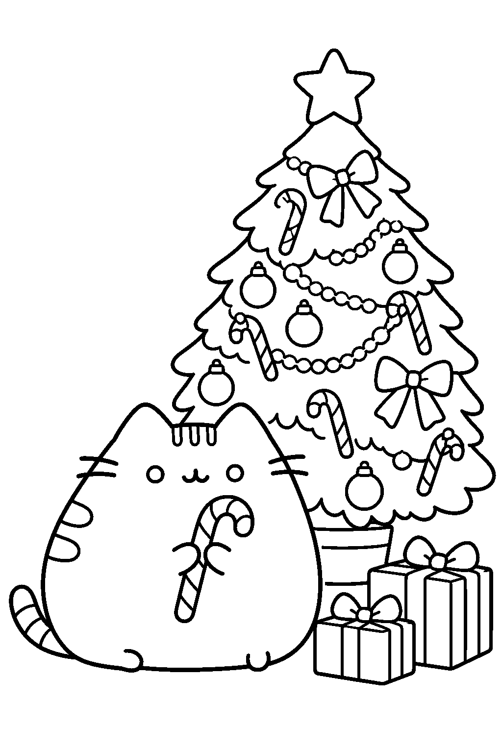 pusheen sitting beside a christmas tree decorated with candy canes line art