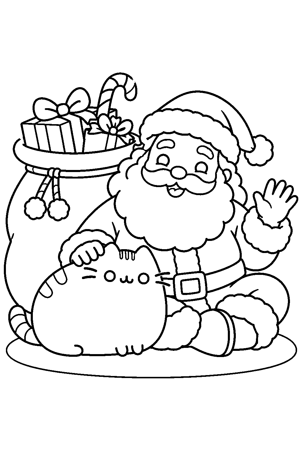 pusheen sitting beside santa claus and a sack of christmas gifts line art