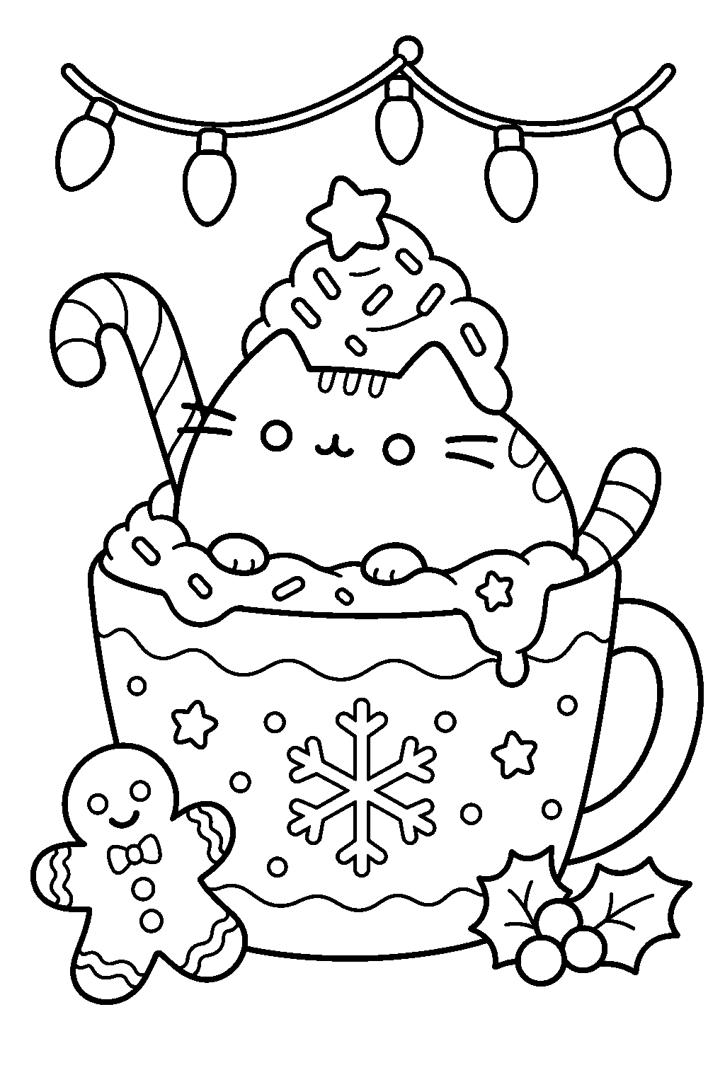 pusheen sitting in a mug topped with whipped cream beneath christmas lights line art