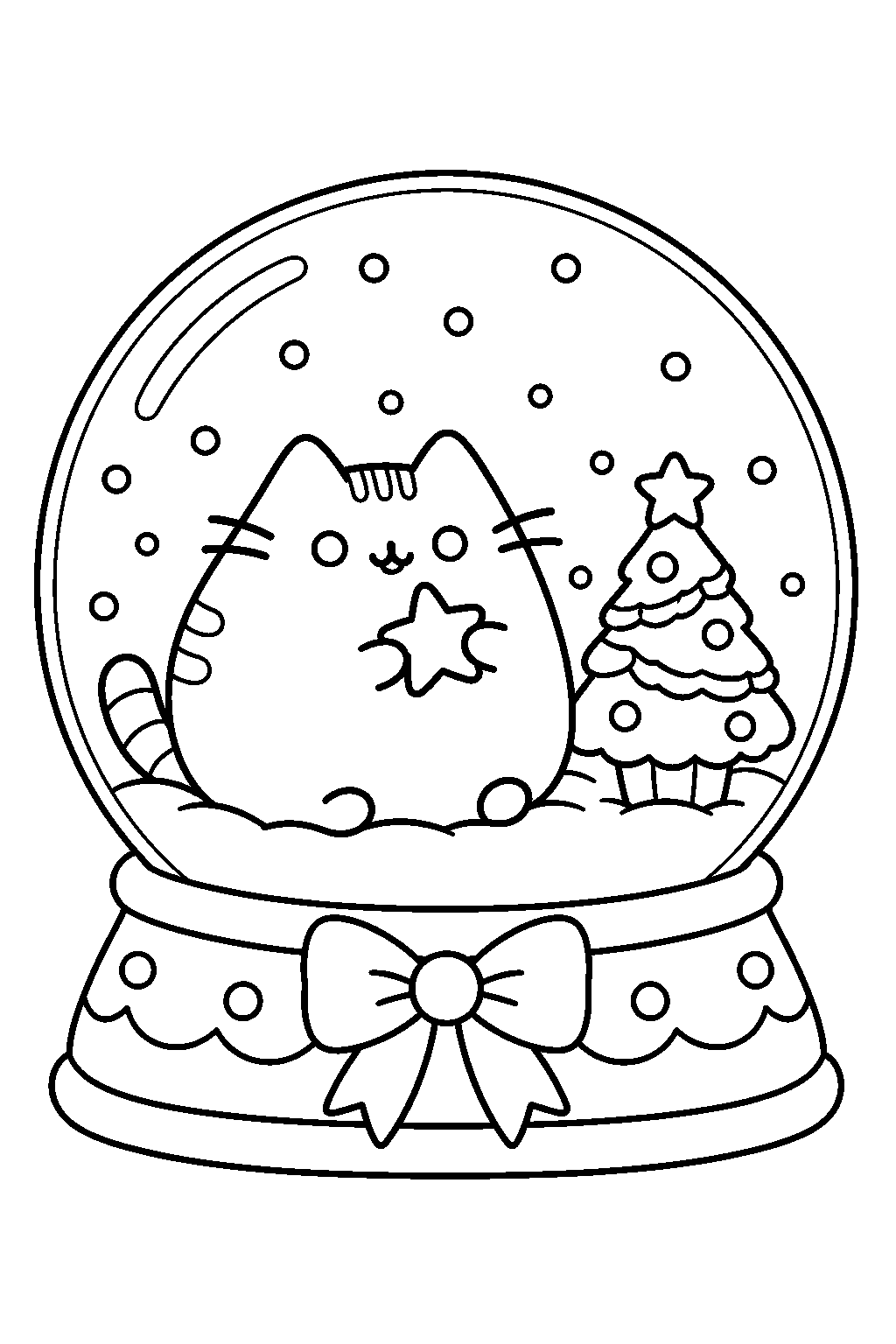 pusheen sitting inside a christmas snow globe with a tiny decorated tree line art