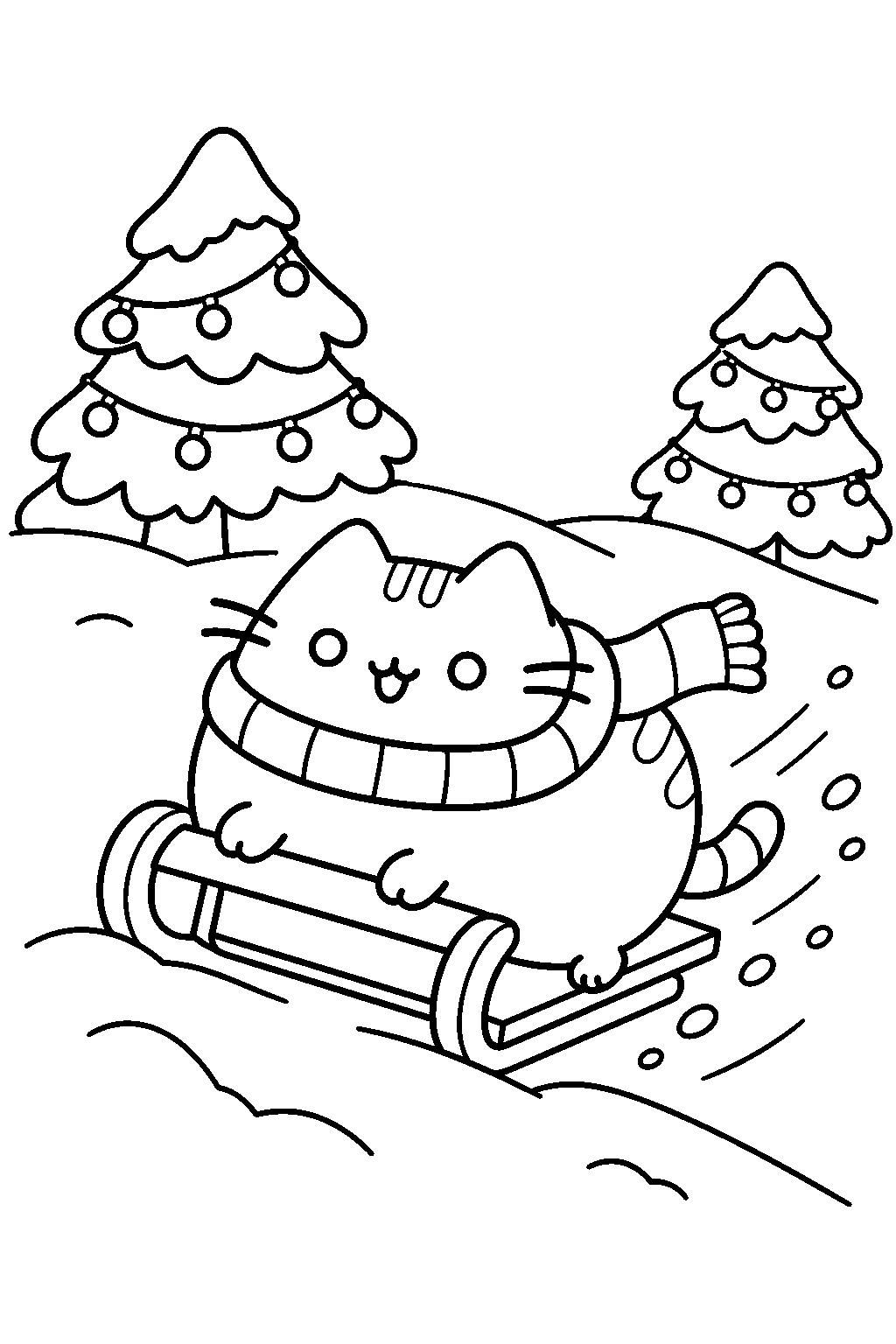 pusheen sledding down a snowy hill past christmas lights line art