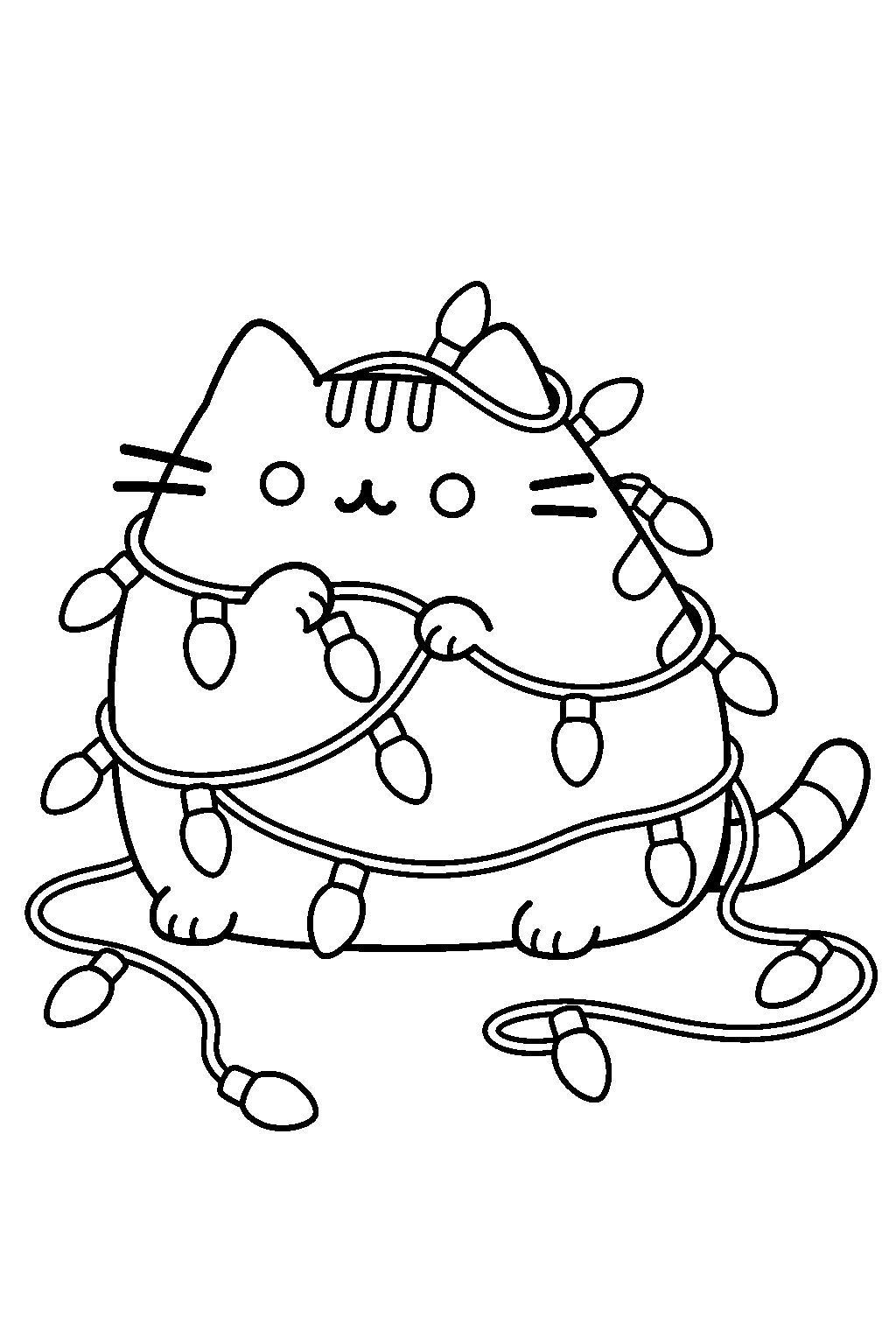 pusheen tangled in a string of christmas lights line art