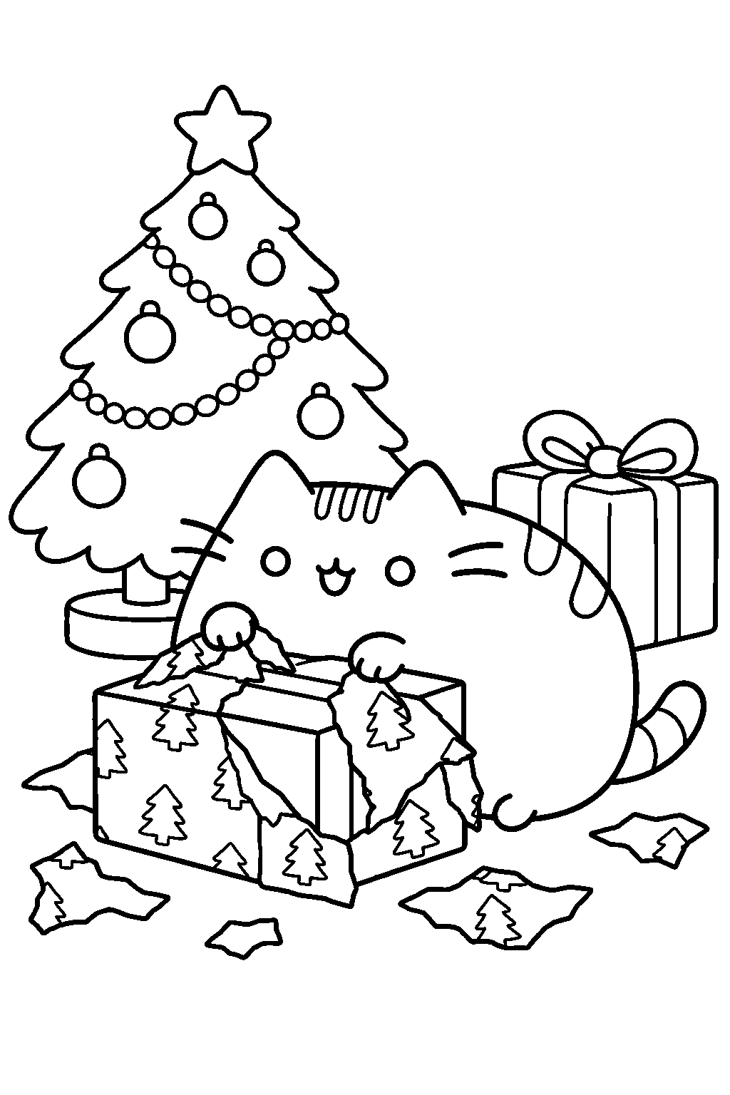 pusheen unwrapping a christmas present beneath the tree line art