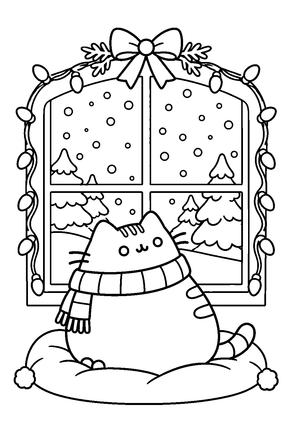 pusheen watching snowfall through a window framed by christmas lights line art