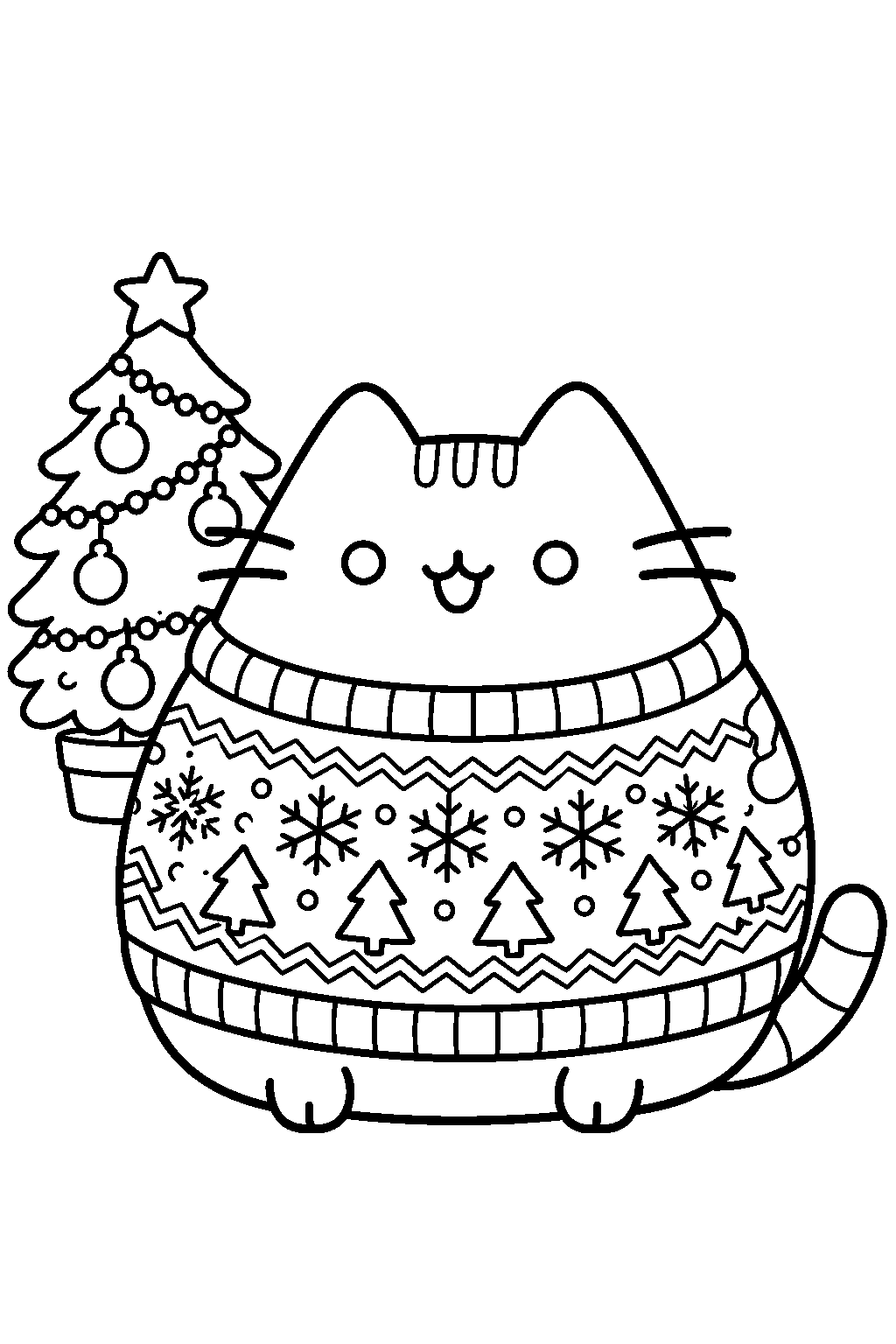 pusheen wearing a christmas sweater patterned with snowflakes and pine trees line art