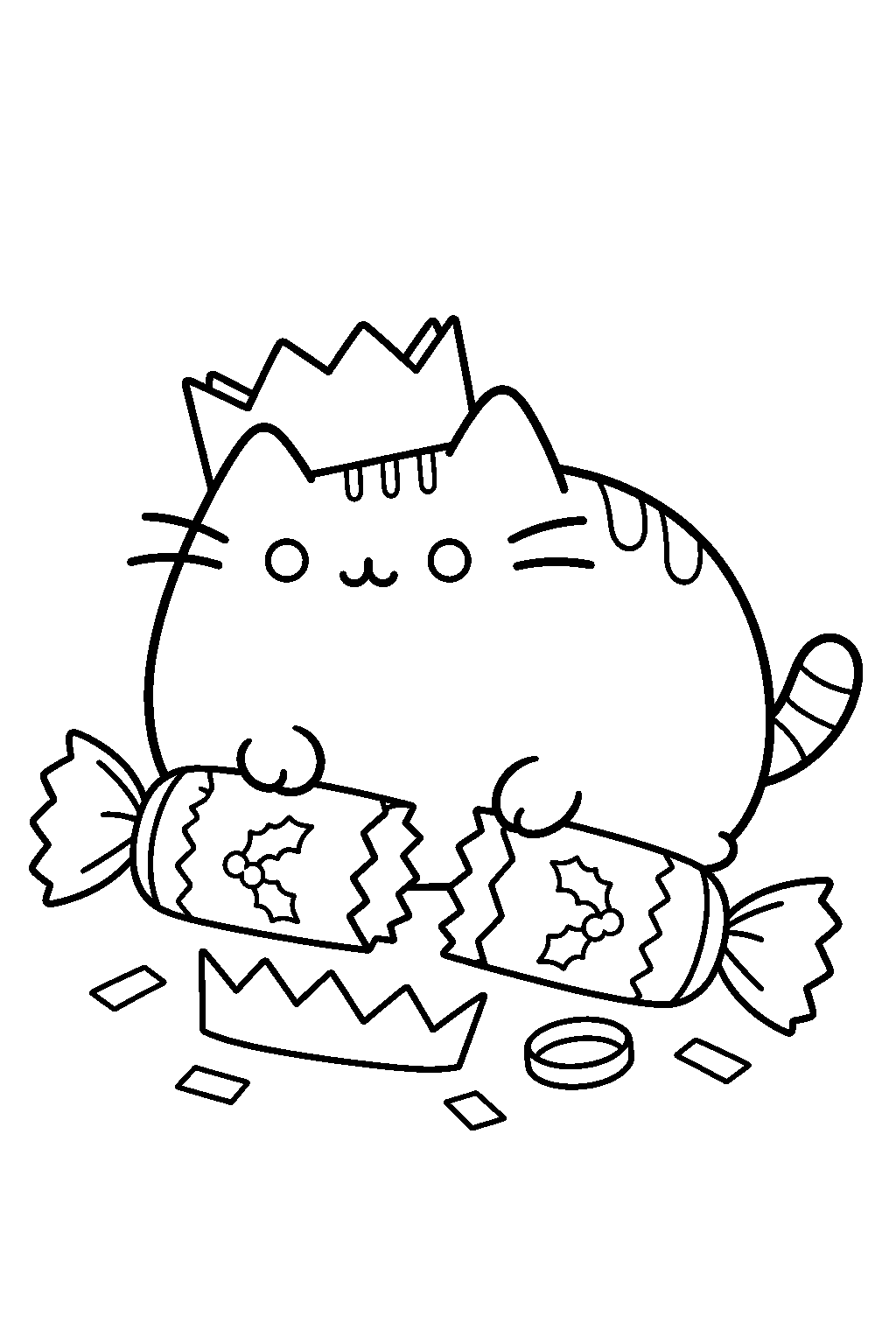pusheen wearing a paper crown beside an opened christmas cracker line art