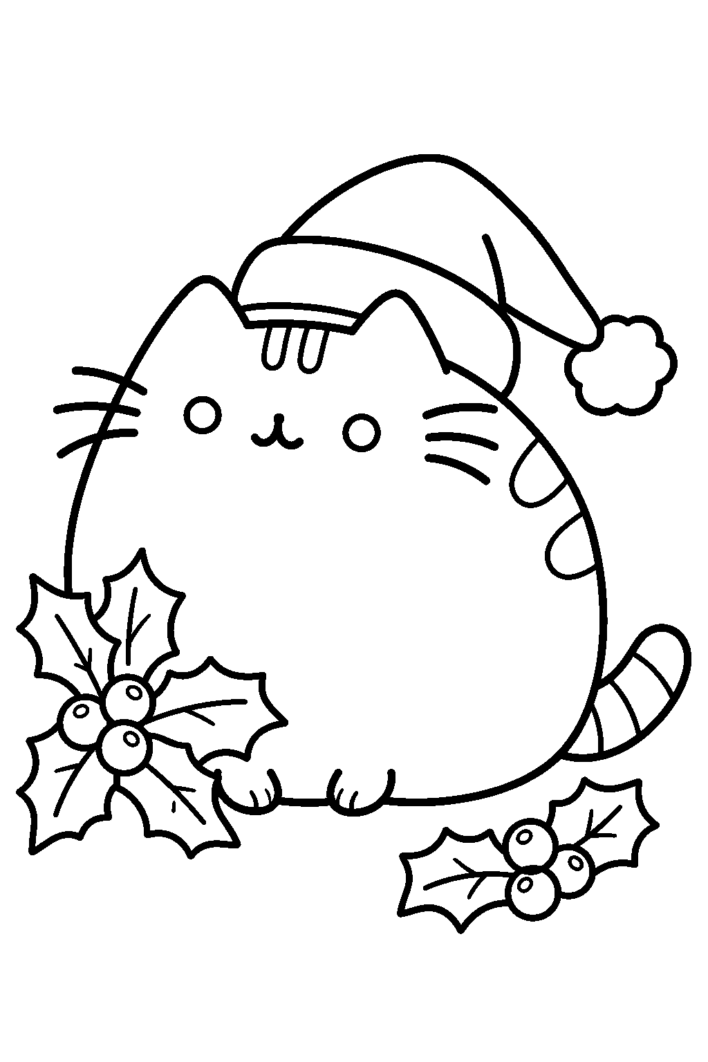 pusheen wearing a santa hat beside christmas holly line art
