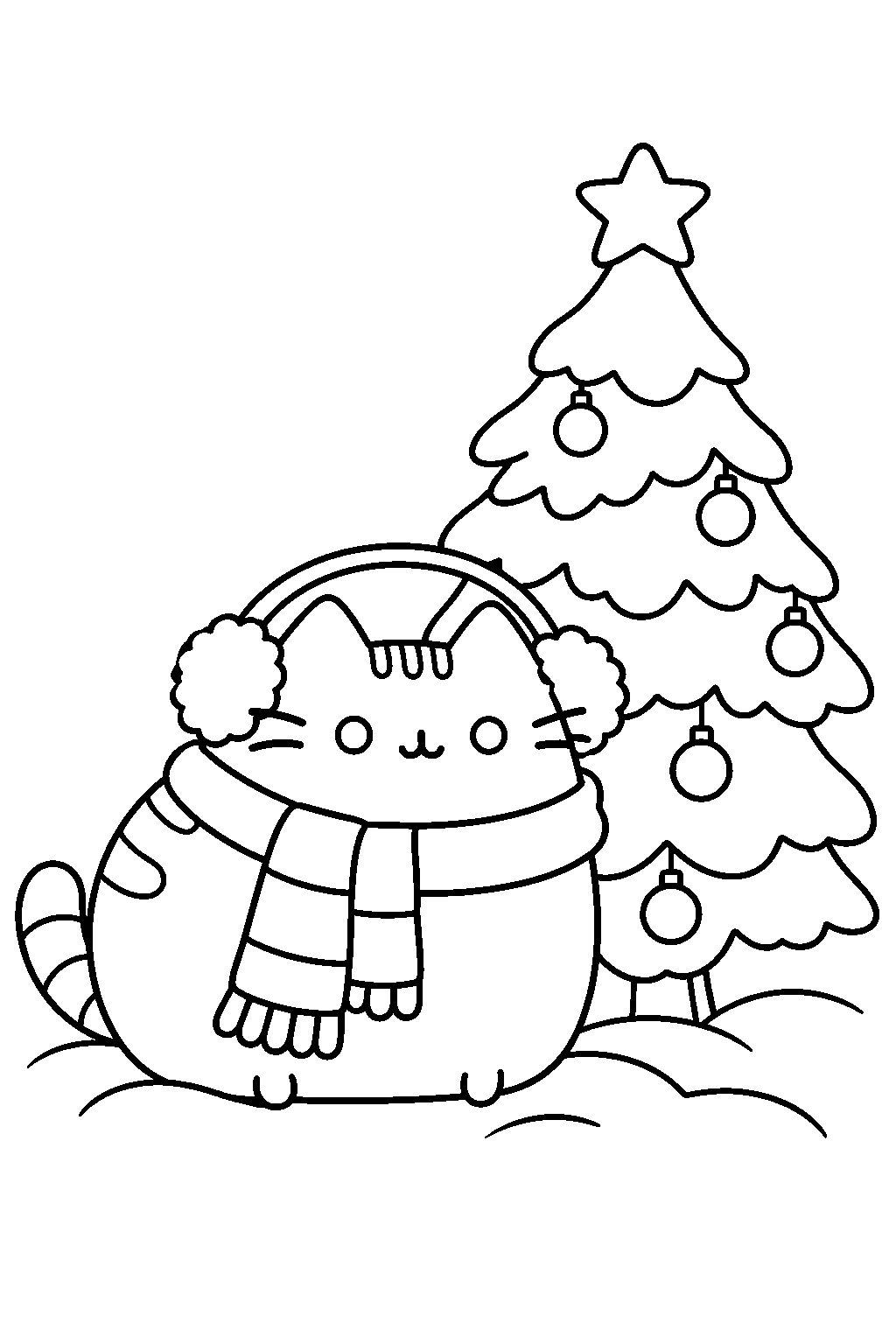 pusheen wearing a scarf and earmuffs beside a snowy christmas pine line art