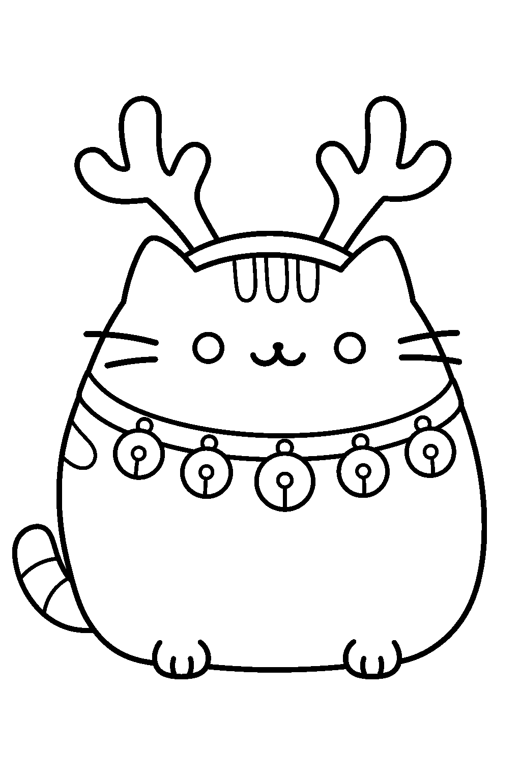 pusheen wearing christmas reindeer antlers and a jingle bell collar line art