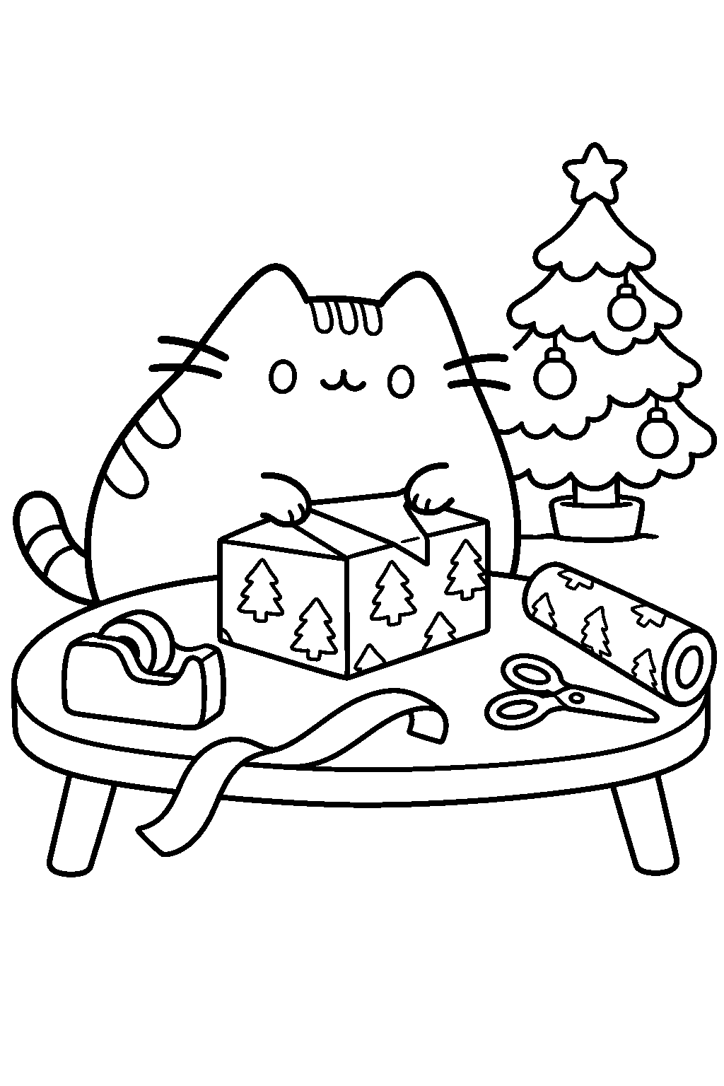 pusheen wrapping a christmas present at a low table line art