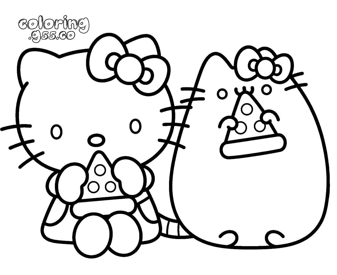 cute hello kitty and pusheen eating pizza food line art for kids