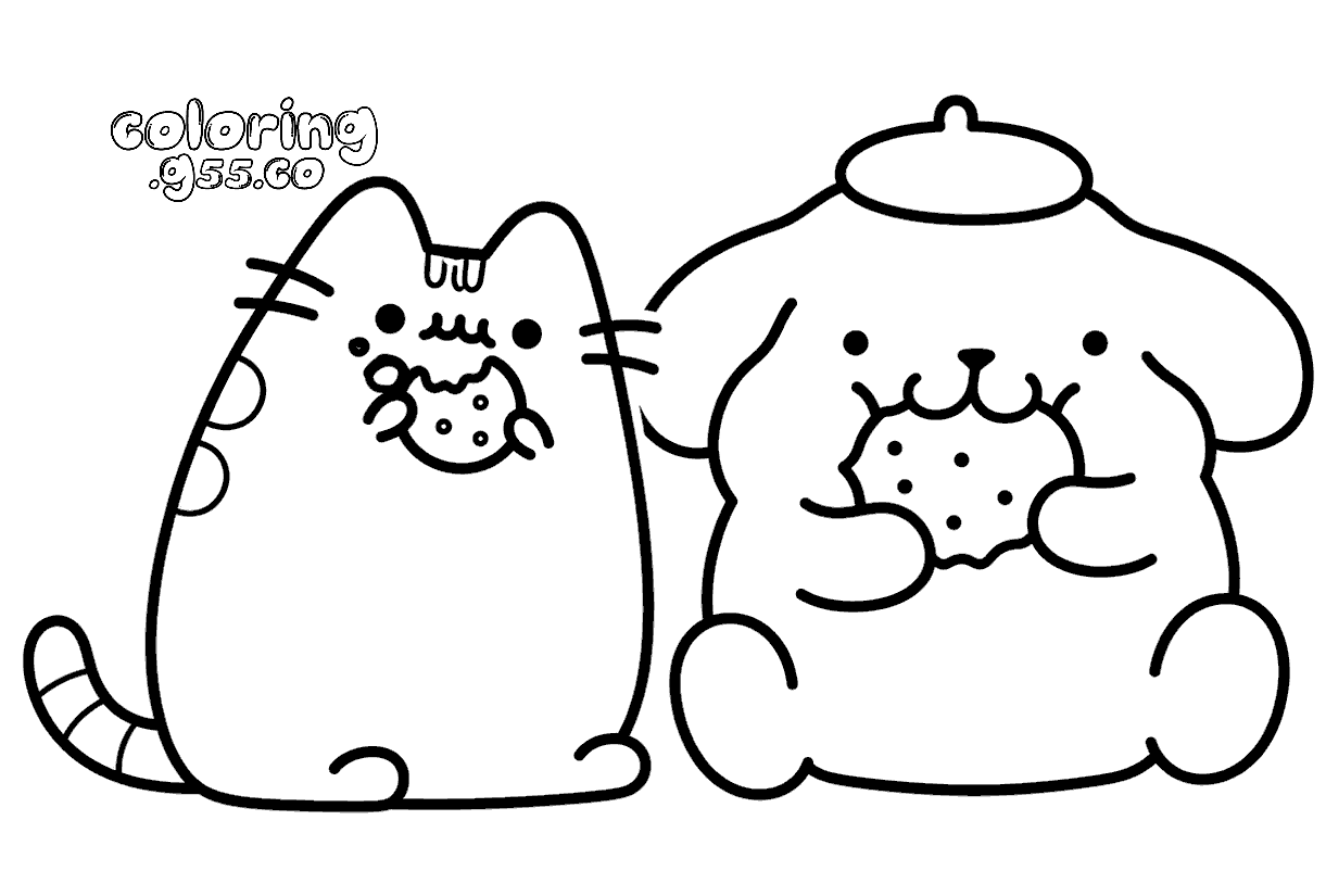 cute pusheen and pompompurin eating cookies food line art for kids