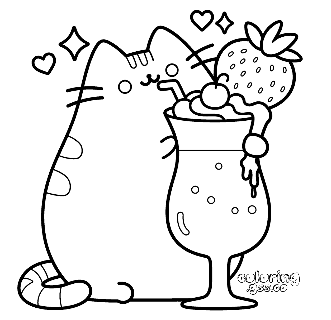 cute pusheen drinking strawberry smoothie food line art for kids
