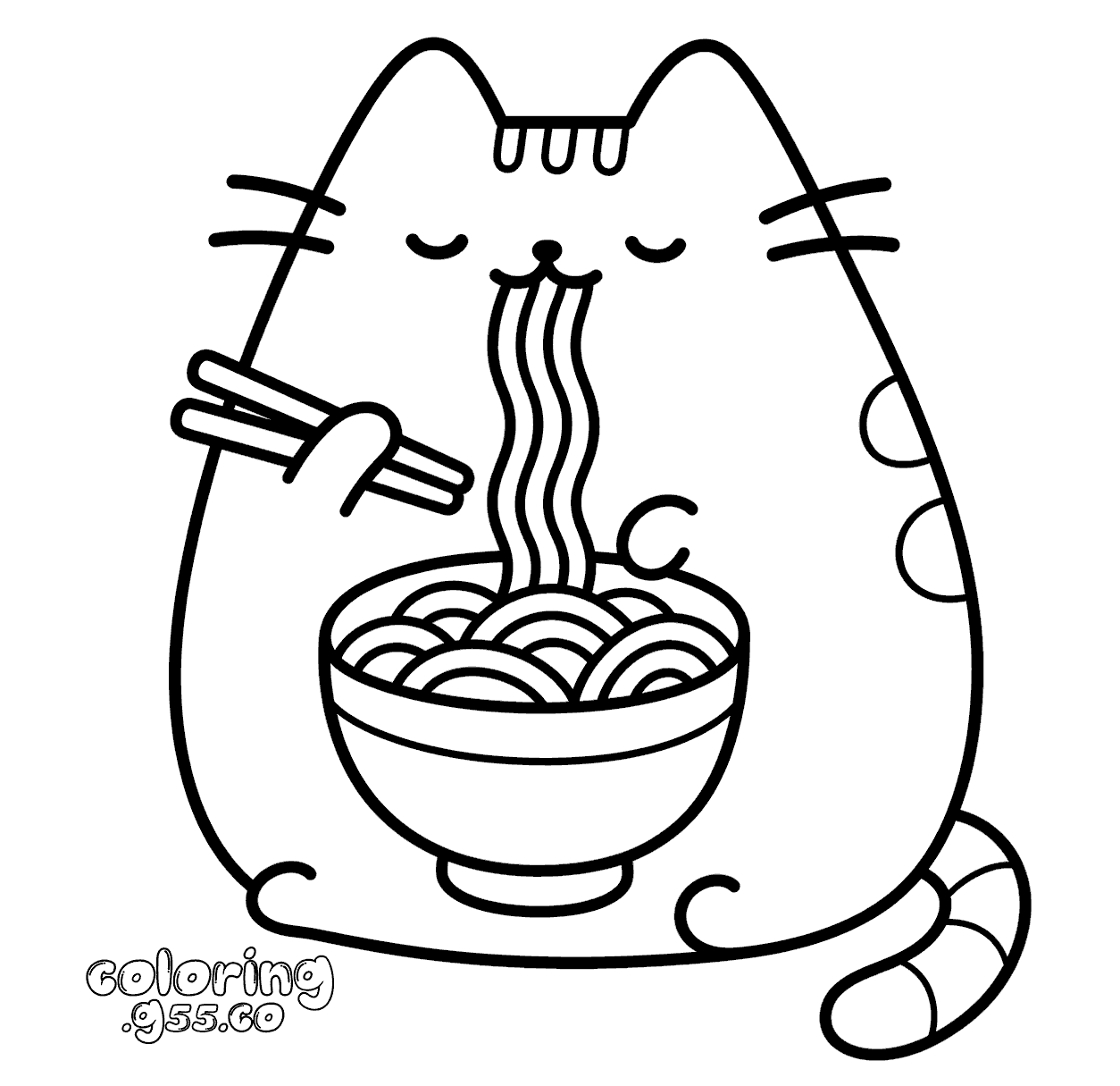 cute pusheen eating noodle soup food line art for kids