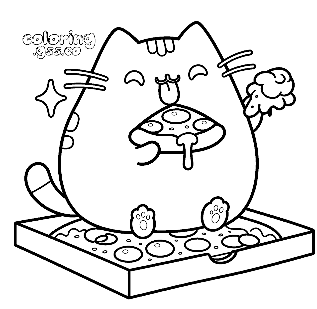 cute pusheen eating pizza food line art for kids