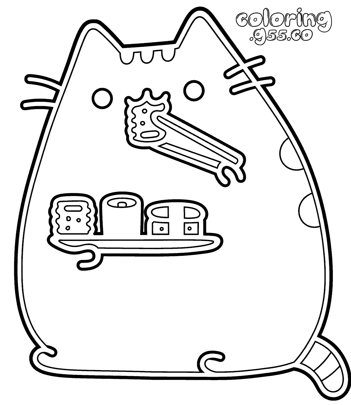 cute pusheen eating sushi food line art for kids