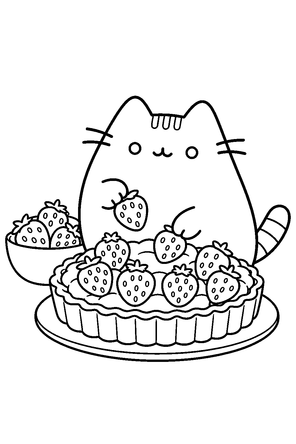 pusheen arranging strawberries on a fruit tart line art