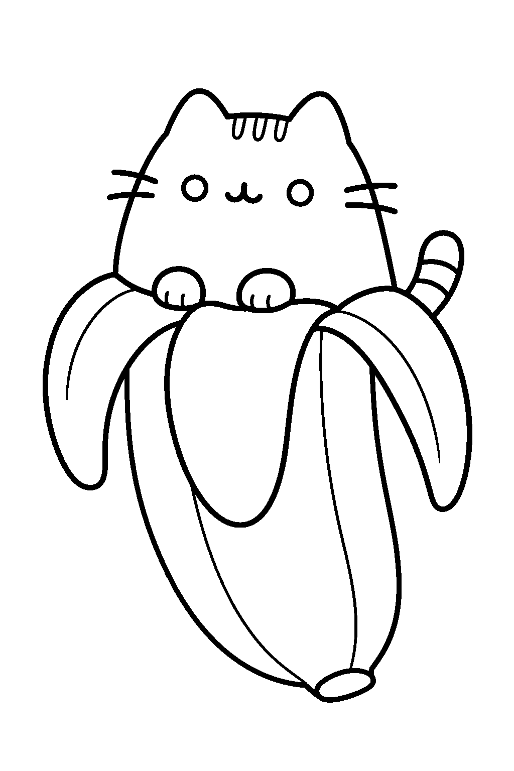 pusheen as a banana peeking out of a partly opened peel line art