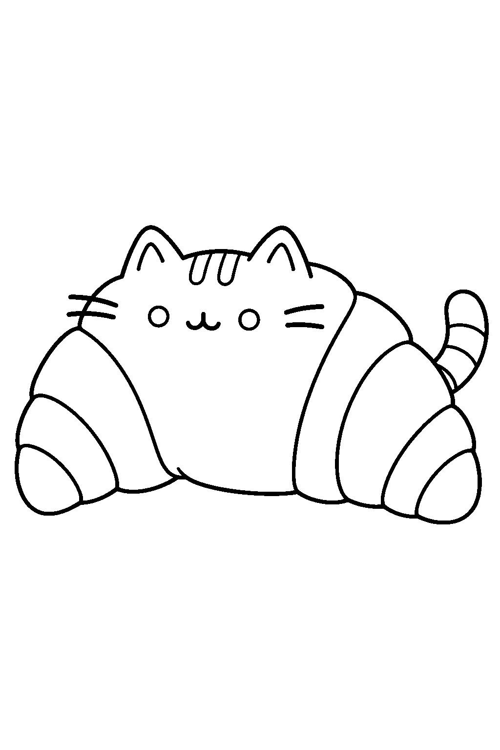 pusheen as a croissant with cat ears and a striped tail line art