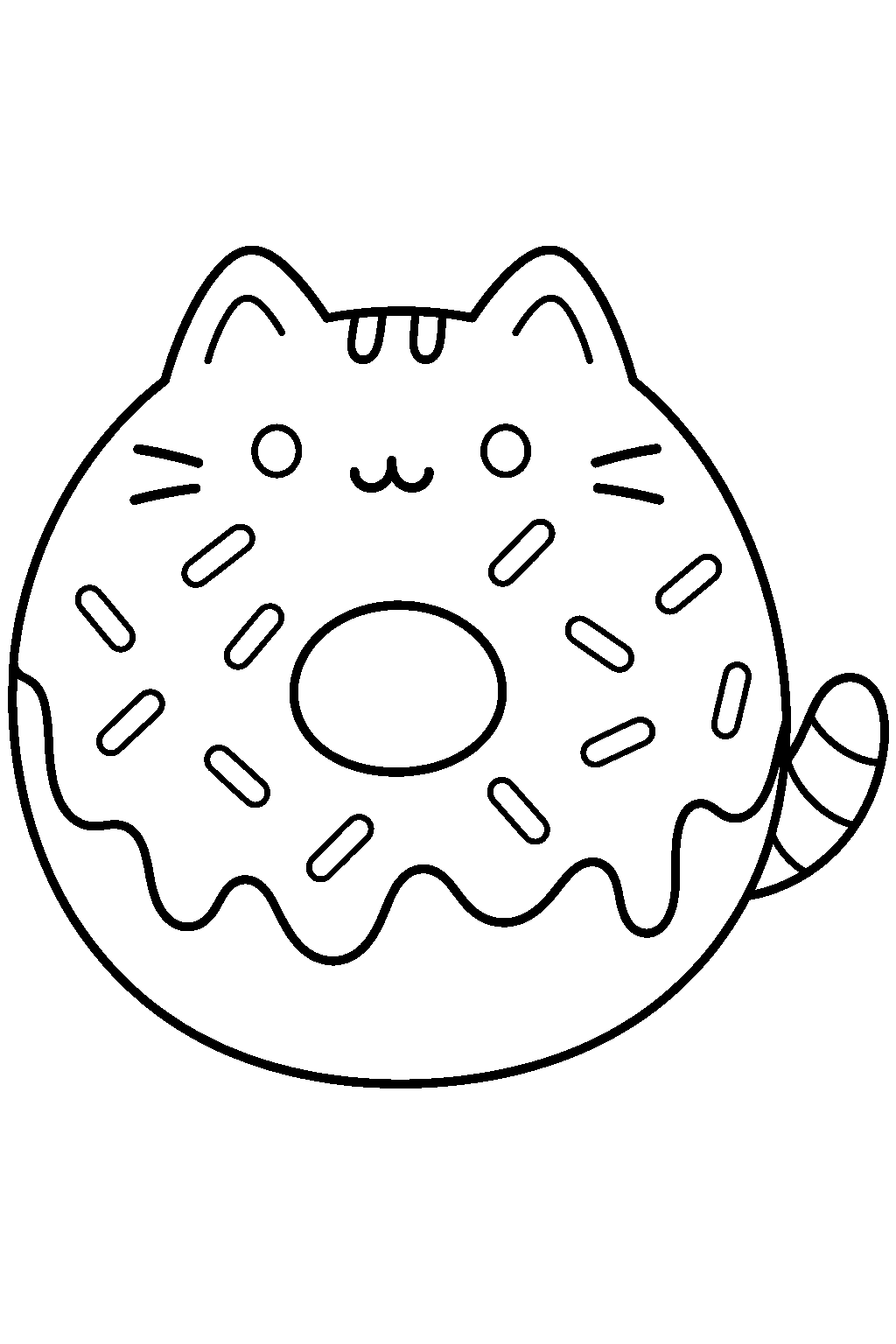 pusheen as a frosted donut with cat ears and a striped tail line art