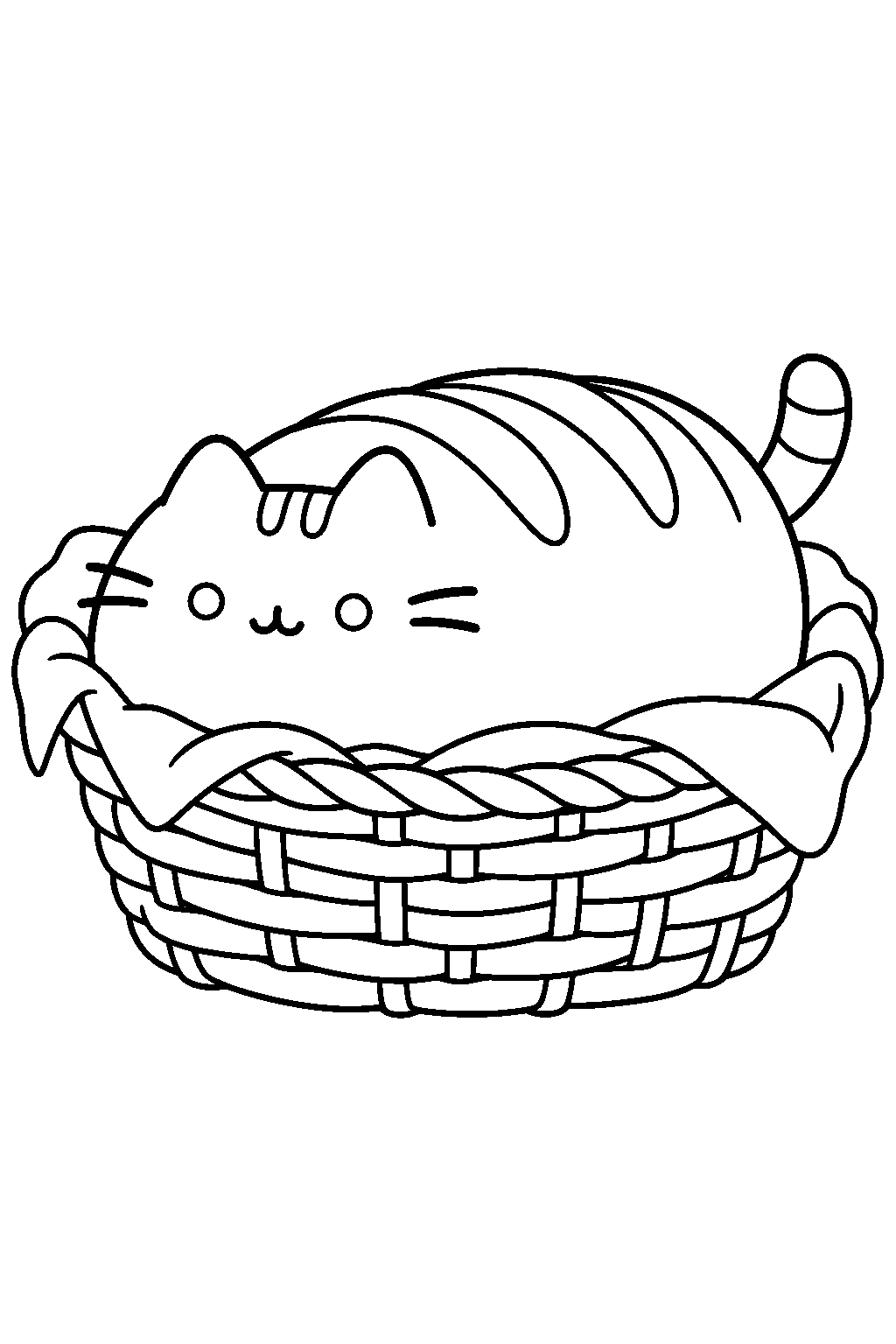 pusheen as a loaf of bread resting in a bread basket line art