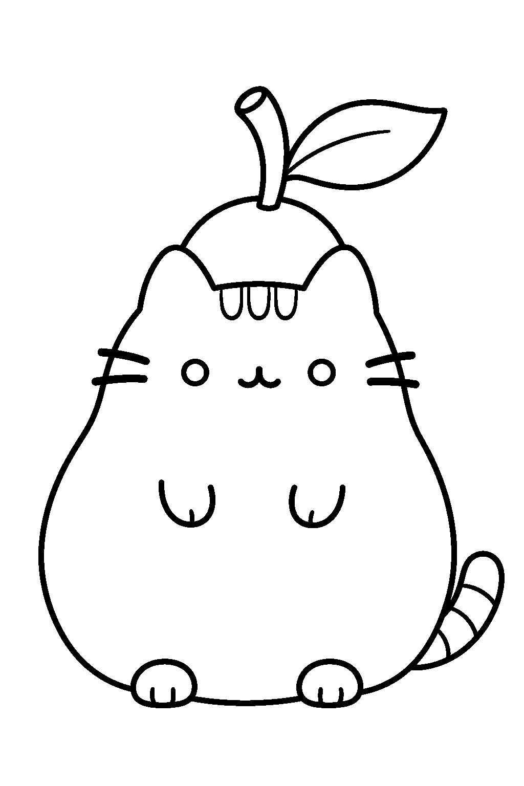 pusheen as a pear with a stem and leaf line art