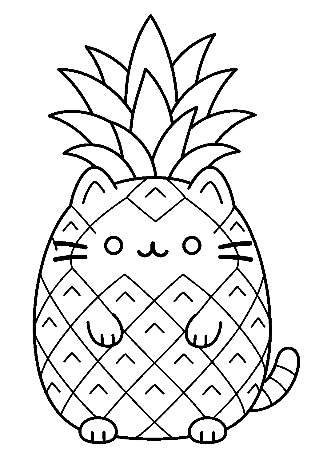 pusheen as a pineapple with a spiky leaf crown line art