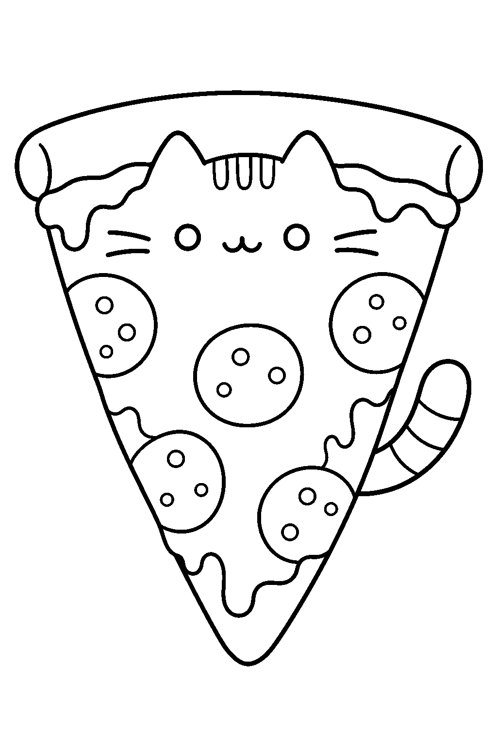 pusheen as a pizza slice with cat ears and a striped tail line art