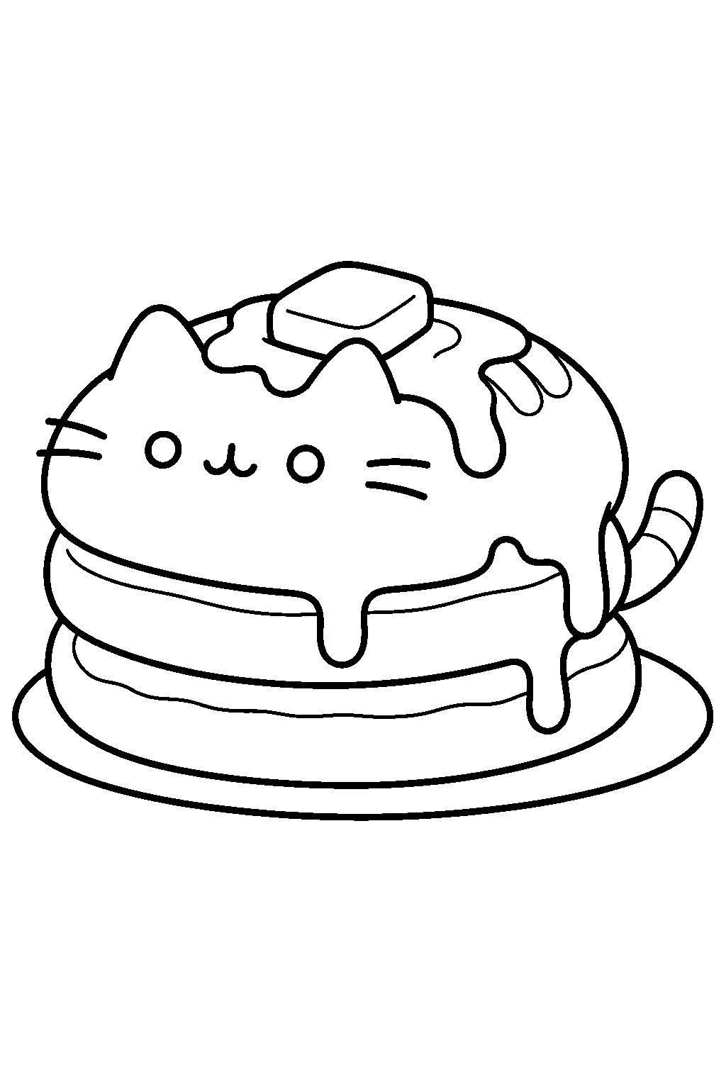 pusheen as a stack of pancakes topped with butter and syrup line art