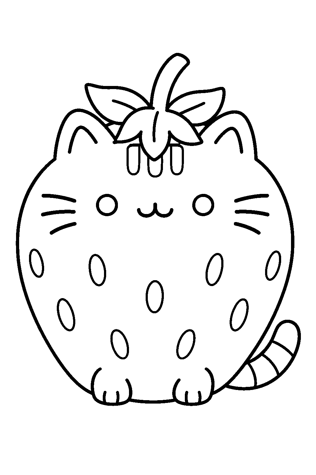 pusheen as a strawberry with a leafy crown line art